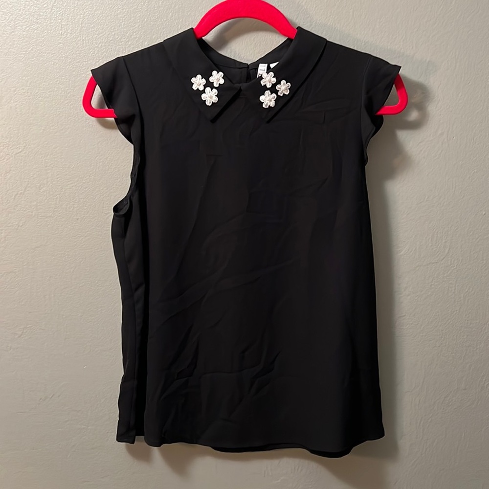 Black Collared Top with flower embellishments